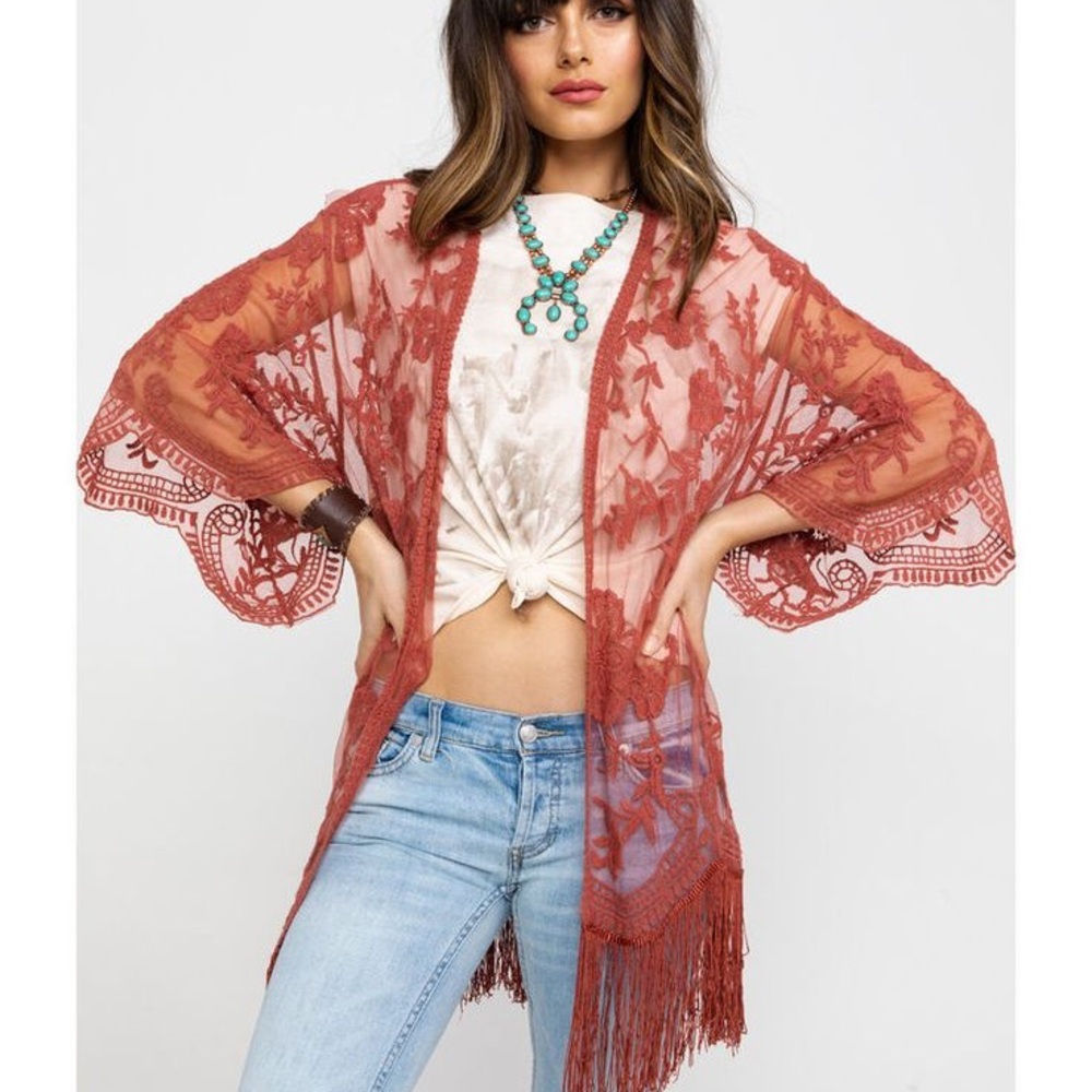 Jody California Women's Lace Kimono Cardigan - Rust red L/XL